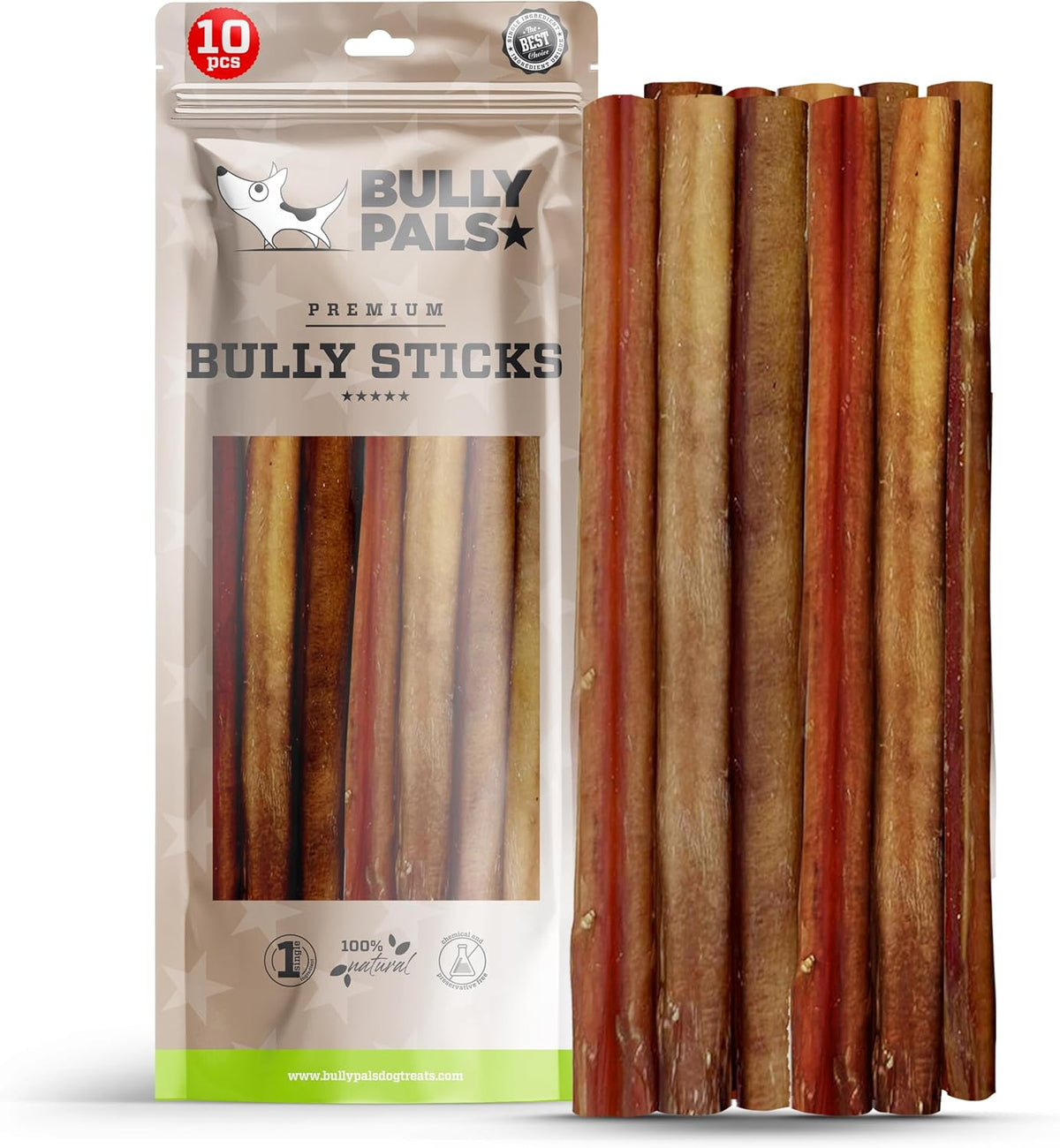 12 Inch Thick Bully Sticks for Medium & Large Dogs (10 Pack) - Long Lasting Dog Bones & Dental Chews, Durable Pizzle Sticks, Easily Digestible, Rawhide Free Beef Dog Treats