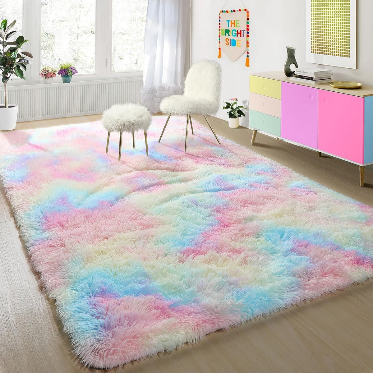 Rainbow Area Rugs for Girls Bedroom Fluffy Soft Vibrant Rugs Kids Playroom