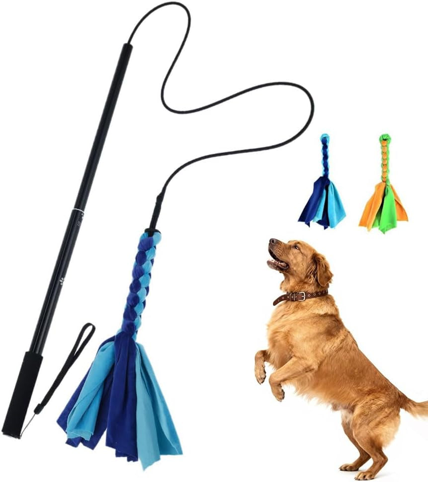Flirt Pole for Dogs Pet Teaser Wand Outdoor Extendable with 2Pcs Fleece Lure Tugs Interactive Dog Pole Training Exercise Rope Toy for Small Medium Large Dogs Cats (Black)