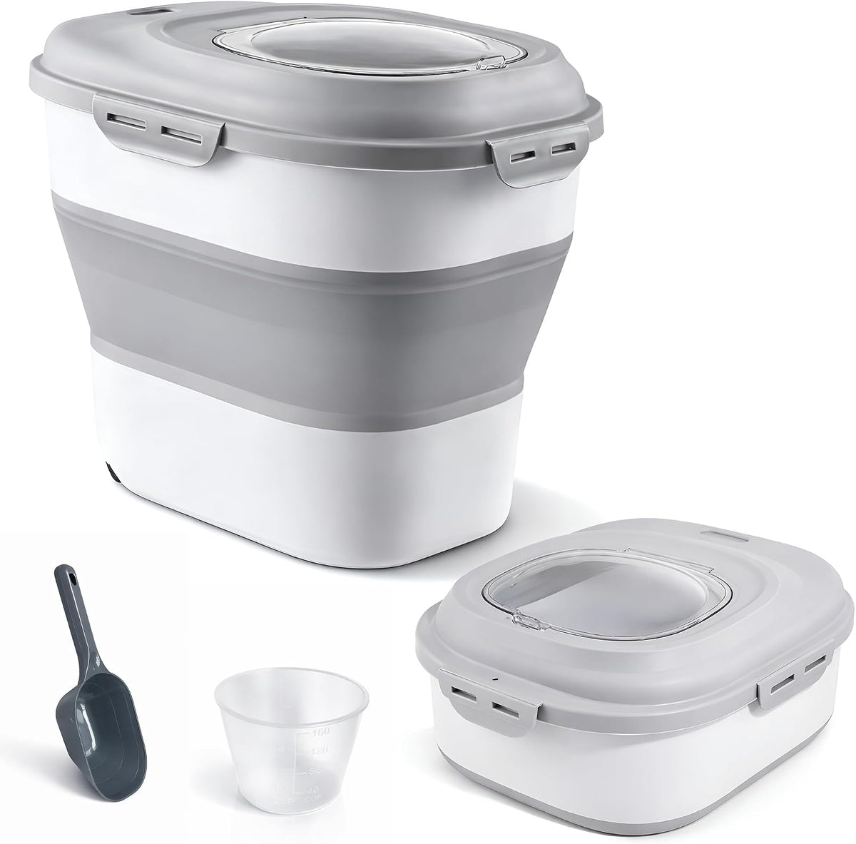 25-30 Lbs Dog Food Storage Container with Lids, Rolling Wheel - Collapsible Home Storage Bins with Lids, Cup, Scoop - Transparent Airtight Foodstorage Containers for Rice, Pet Food, Grain, Flour