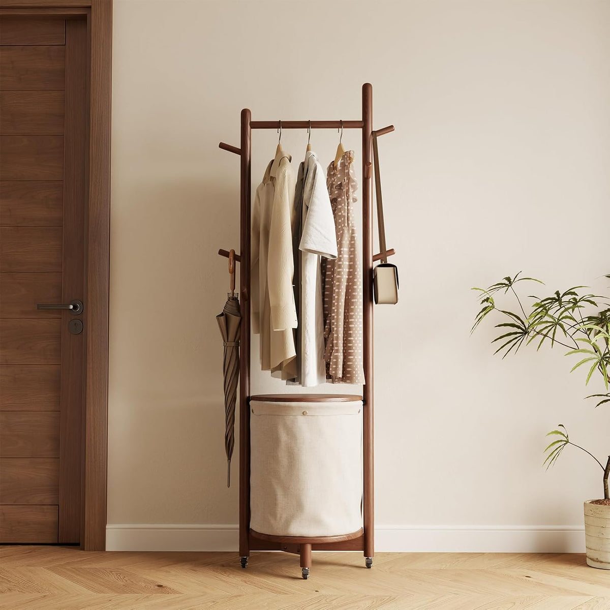 Cyclecrew Solid Wood Coat Rack with Fabric Basket - Freestanding Coat Rack Rolling Coat Tree with 9 Hooks Wheels, Small Clothes Rack for Entryway Bedroom Hallway Living Room
