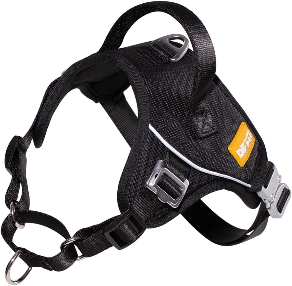 DF No Pull Step-In Martingale Dog Harness, Help Stop Pulling & Choking, Reflective & Adjustable, Front Clip Harness with Lift Handle, Tactical Silent Metal Buckle, Black, 3/4", Front Chest 13.2"-16.0"