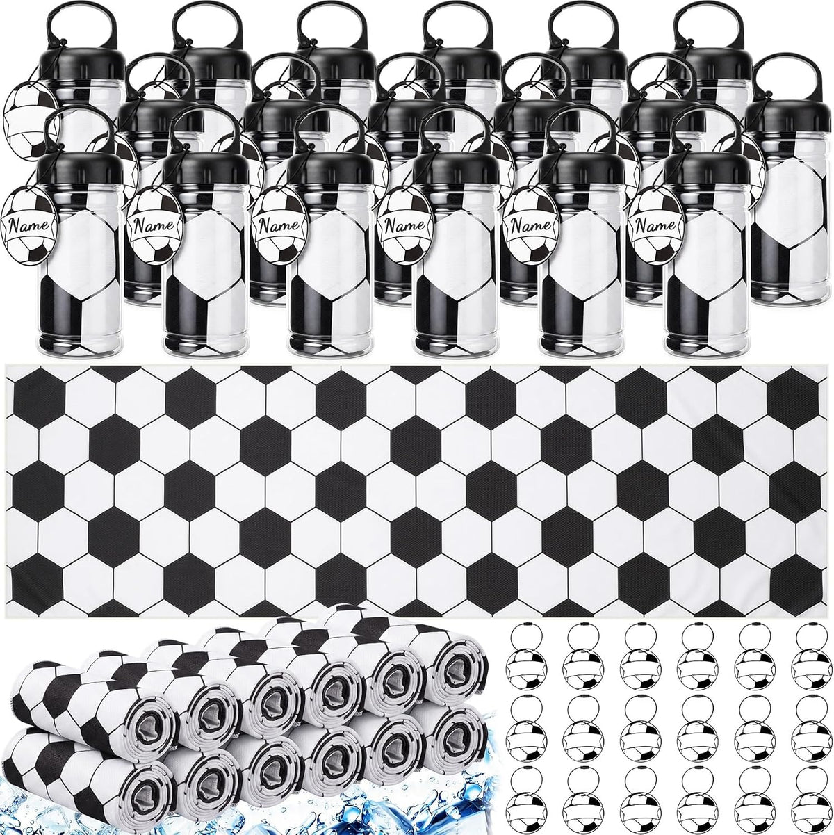 18 Set Soccer Cooling Towels with Plastic Container and Name Card 40"X12" Microfiber Breathable Chilly Ice Towel Sweat Towels Bulk for Neck Players Team Gift Sport Running Party Favors