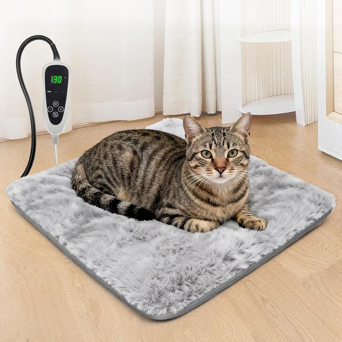 GOLOPET Cat Heating Pad 18X18 in with Smart Thermostat Switch and Power Line Protection Tube,Obtained MET and UL Dual Certification,Waterproof Pet Heating Pad for Cats, with Long Velvet Cloth Cover