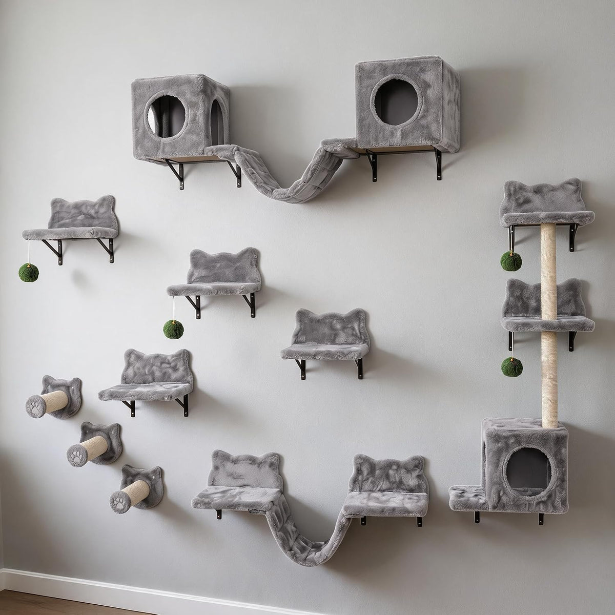 18-In-1 Wall-Mounted Cat Shelves Set – Light Gray Climbing Perches, Steps & Bridges for Indoor Cats, Mark-Resistant-Friendly Space-Saving Cat Wall Furniture