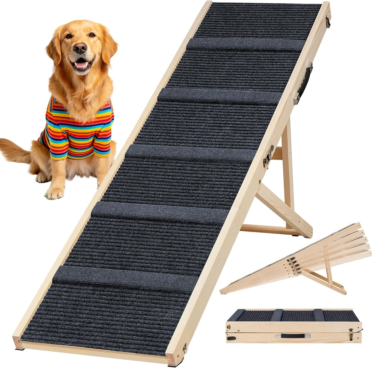 64" L Extra Long Dog Ramp for High Bed & Couch - 5 Adjustable Height 24" to 30" Wooden Non-Slip Pet Ramp, Portable Foldable Doggie Car Ramp for Small Medium Large Older Dogs