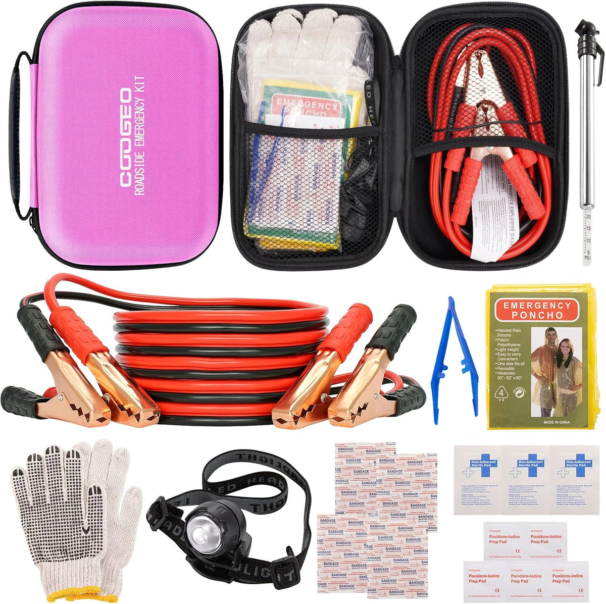 Car Roadside Emergency Kit with Battery Jumper Cables, Pink