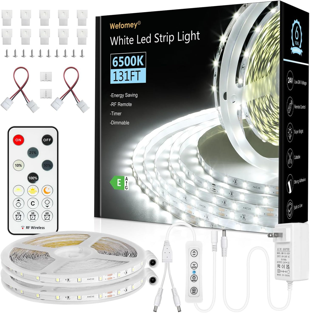 131Ft White LED Strip Lights 6500K Bright Daylight White Dimmable DC 24V