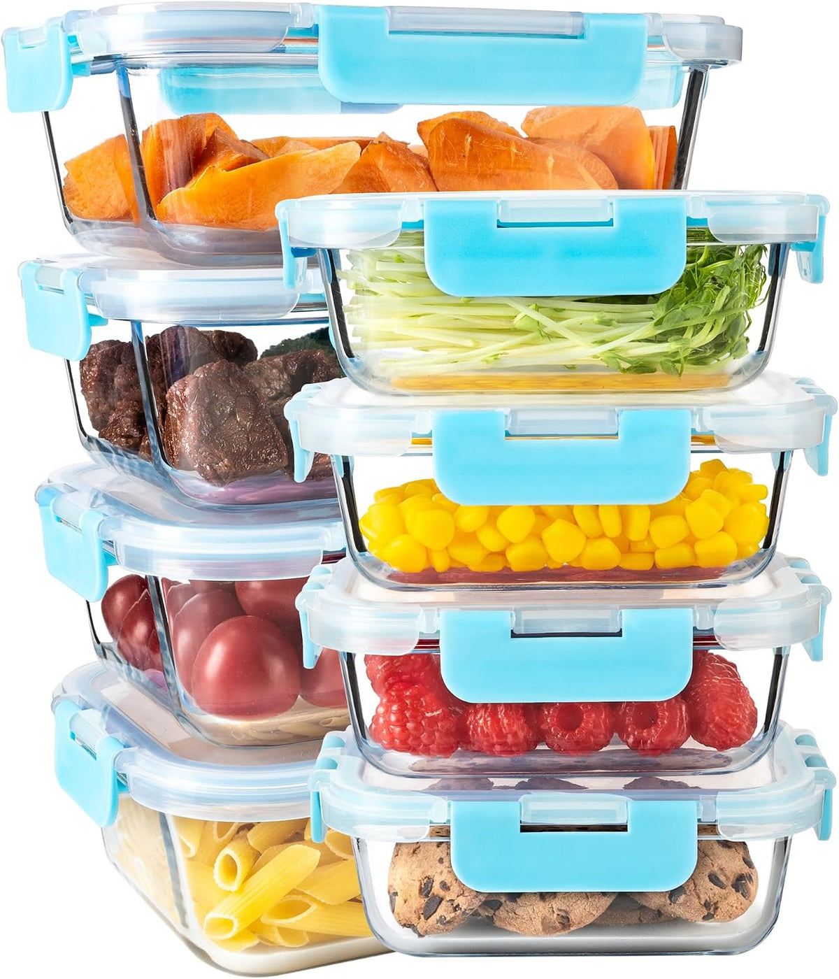 16Pack Glass Meal Prep Containers 8 Bowls with 8 Airtight Blue Lids 2 Sizes