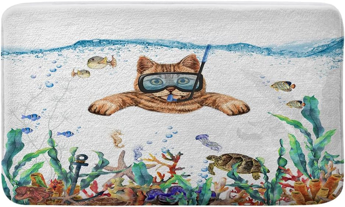 Funny Cat Bathroom Rug Mat, Cat Diving Bath Rugs, Tropical Fish Coral Underwater Sea Animal Non-Slip Bath Mats for Bathroom Floor, Tub and Shower, 17X29Inch (17X29)
