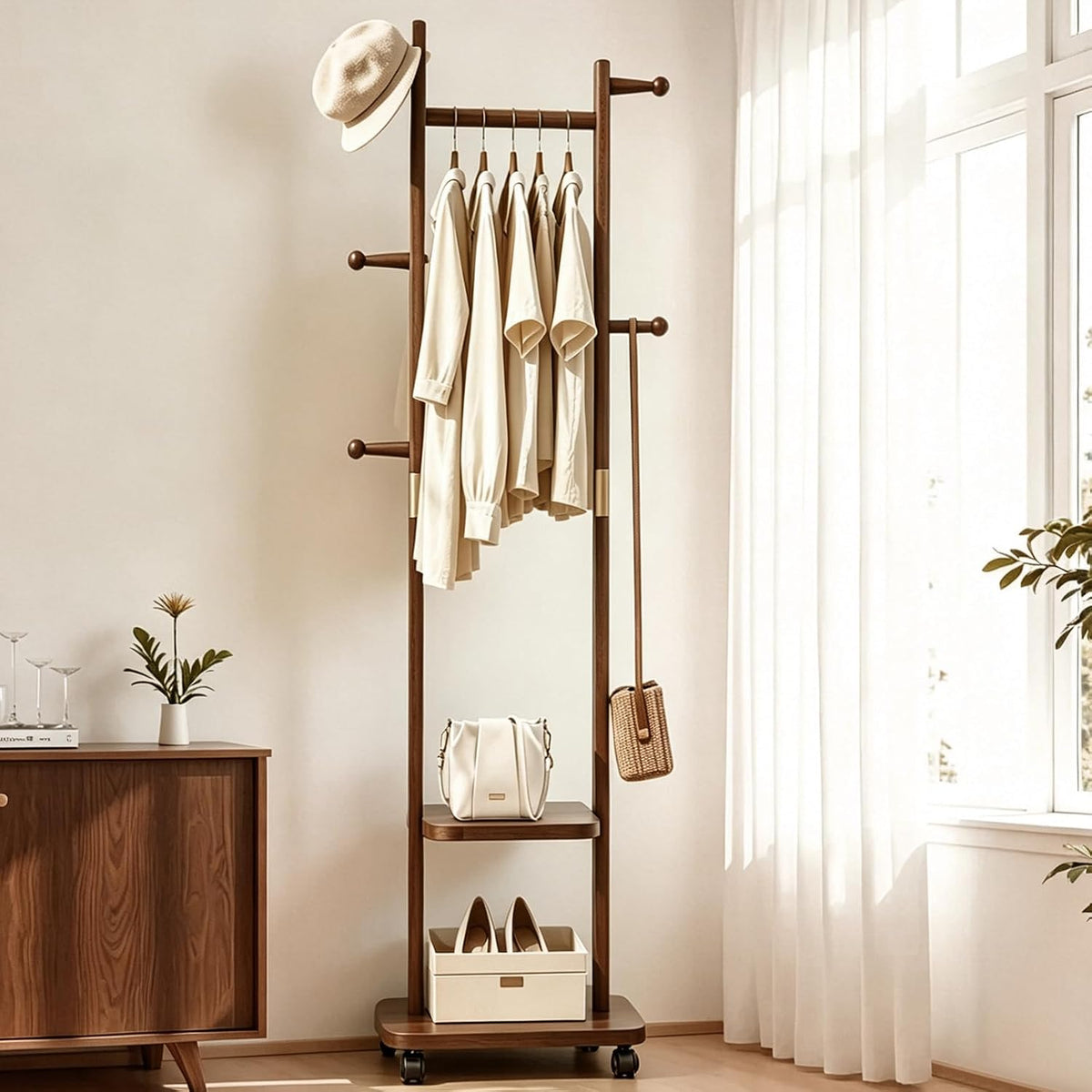 Solid Wood Coat Rack with Wheels, 2-Tier Rolling Garment Rack with 5 Hooks
