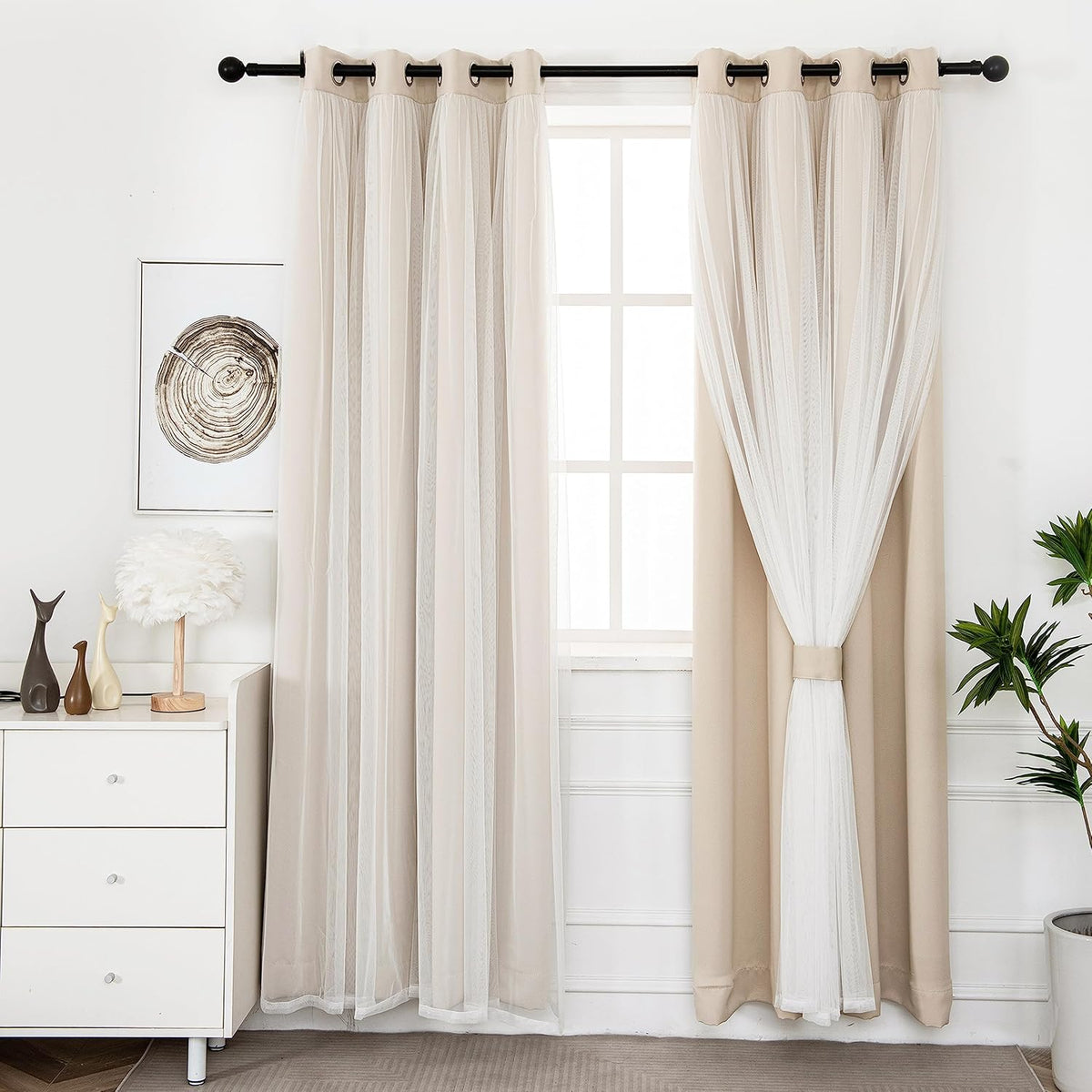 INLINAS Blackout Curtains with Sheer Overlay, Beige, 52X84 Inches