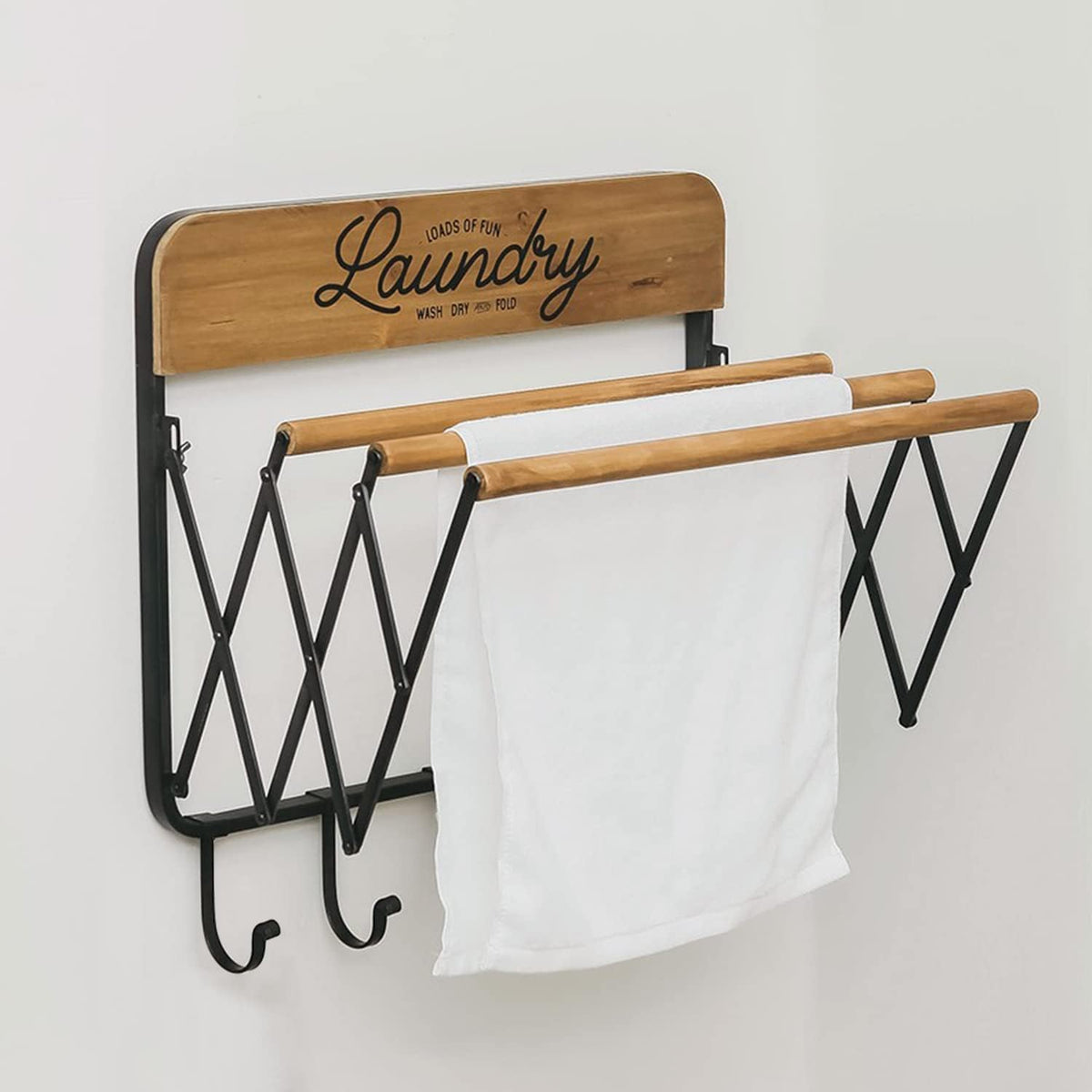 SOFFEE DESIGN Accordion Laundry Rack, Retractable Wall Mounted Racks, 3 Bars & 5 Hooks for Drying Rack Hanging Towels Clothes save Space Perfect for Laundry Room, Bathroom, Mudroom, Wall Decor