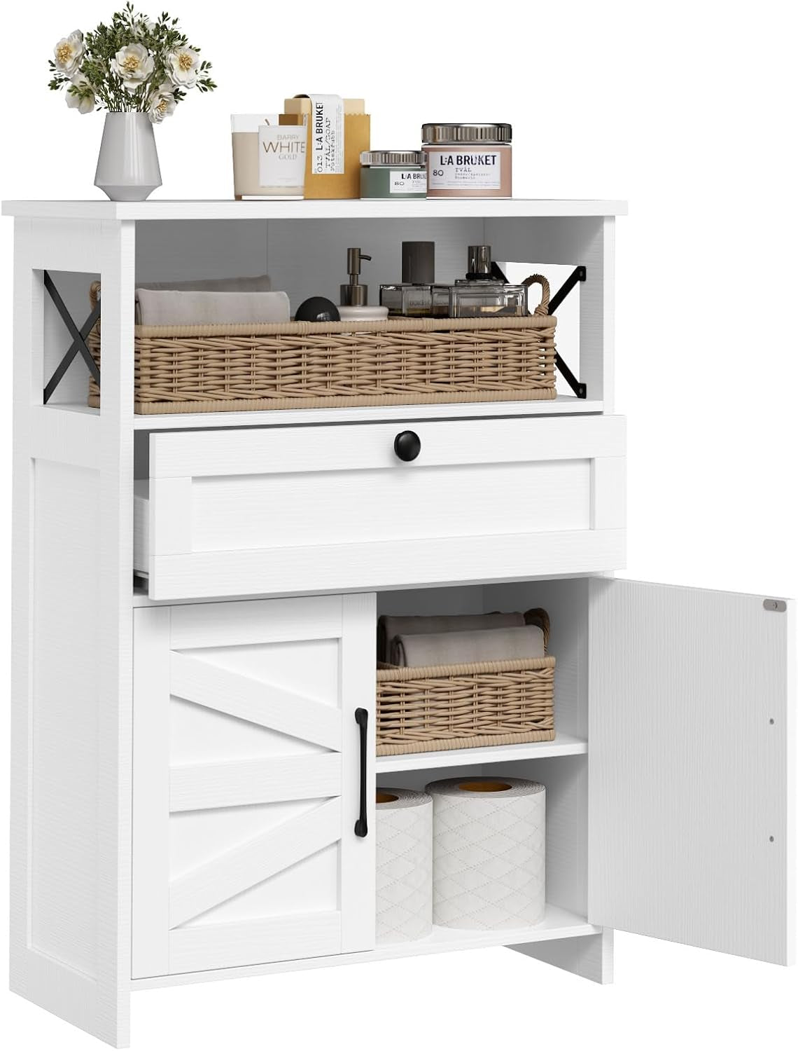 Farmhouse Storage Cabinet W/Drawer Bathroom Floor Freestand Cabinet, White