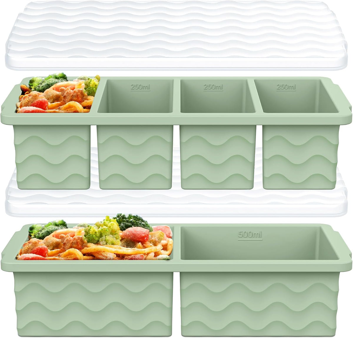 Silicone Freezer Trays with Lid for Soup, 1-Cup & 2-Cup Large Ice Cube Molds Food Storage Containers for Meal Prep, Freeze 500Ml/250Ml/125Ml Portions – 2 Pack