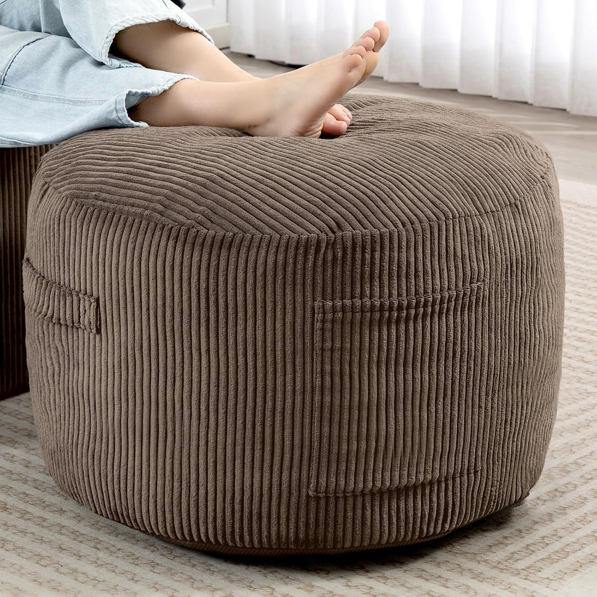 Round Stuffed Pouf Ottoman (Brown, 26" D X 26" W X 18" H)