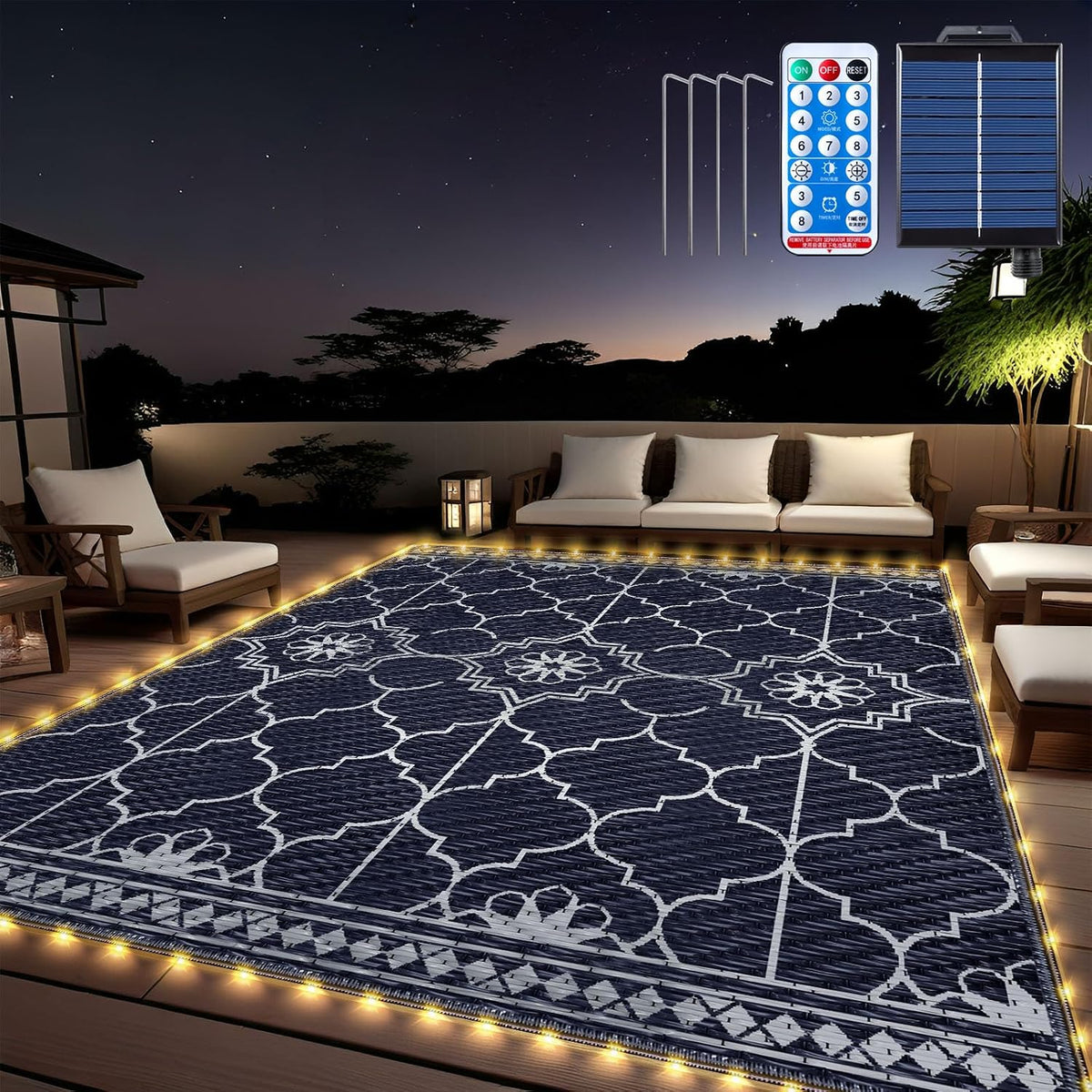 Lighted Outdoor Rug 8X10 Ft, Solar Powered Patio Rug with 113 LED Lights, Waterproof Plastic Reversible Outdoor Straw Rugs, Rugs Mat for House Deck RV Camping Patio Beach Balcony Picnic (Blue White)