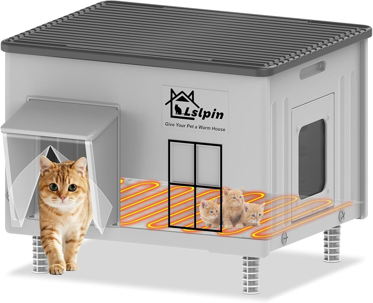 Large Heated Cat House for outside Cats in Winter, Lslpin Weatherproof & Insulated Outdoor Feral Cat House with Escape Door,Outside Cats House Shelter with Heating Pad 21.6×16.9×17.5