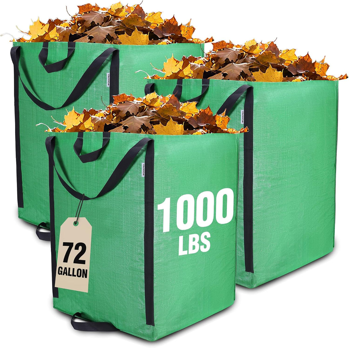 WORKPRO Heavy Duty 72-Gallon Reusable Yard Waste Bags, 3 Pack, Green