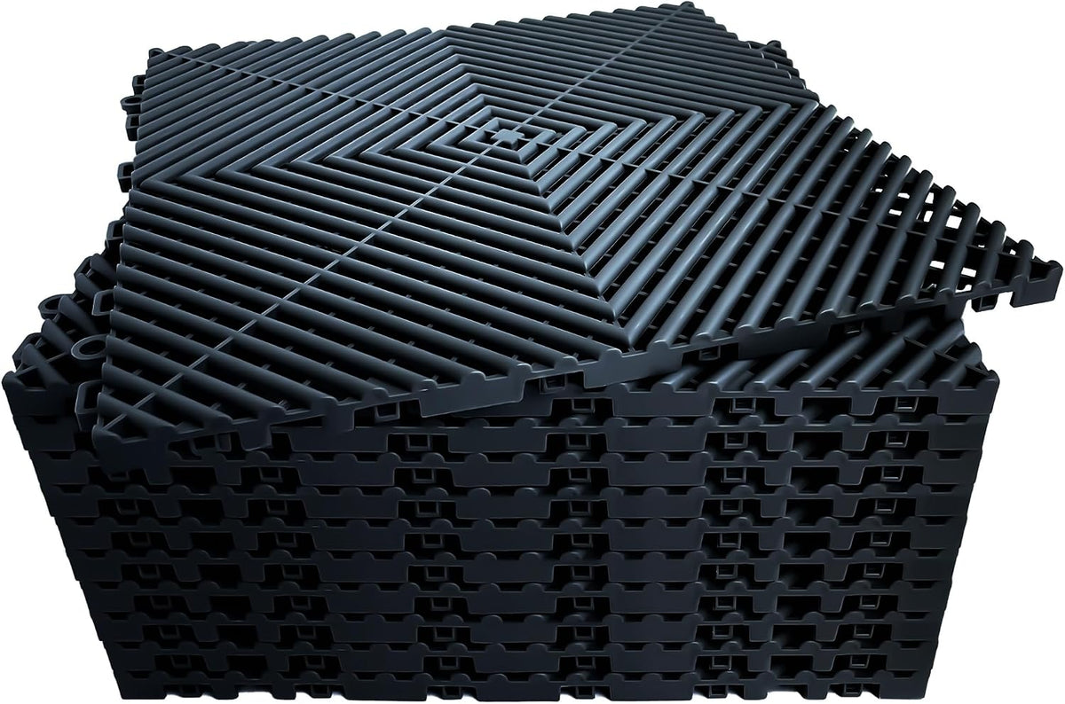 Interlocking Garage Floor Tiles, Rigid Drainage Mat, 16"X16" Black