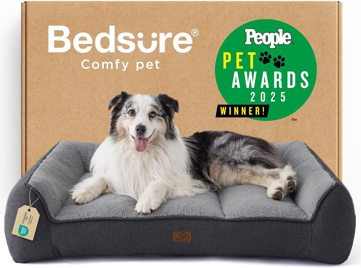 Bedsure Supportmax™ XL Orthopedic Dog Beds Large Sized Dog - Extra Thick Supportive Dogs Couch with Waterproof Washable Cover, Extra Large Comfort Pet Sofa with Soft Sherpa & Nonskid Bottom, Grey, 42"