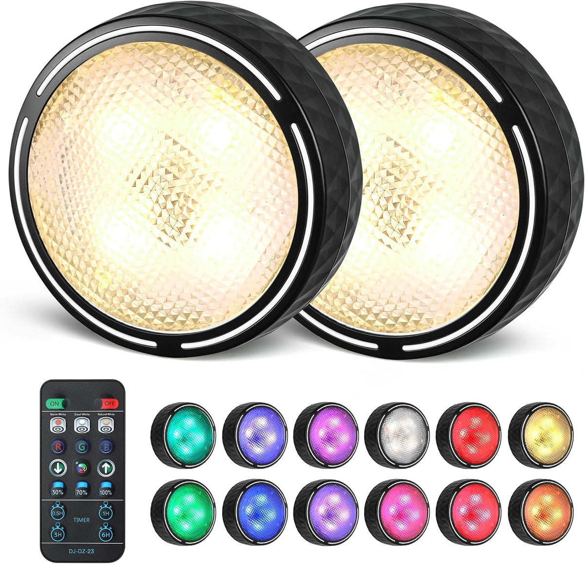 Puck Lights with Remote, 3 White Tones + 13 RGB Colors, 2 Pack-Black