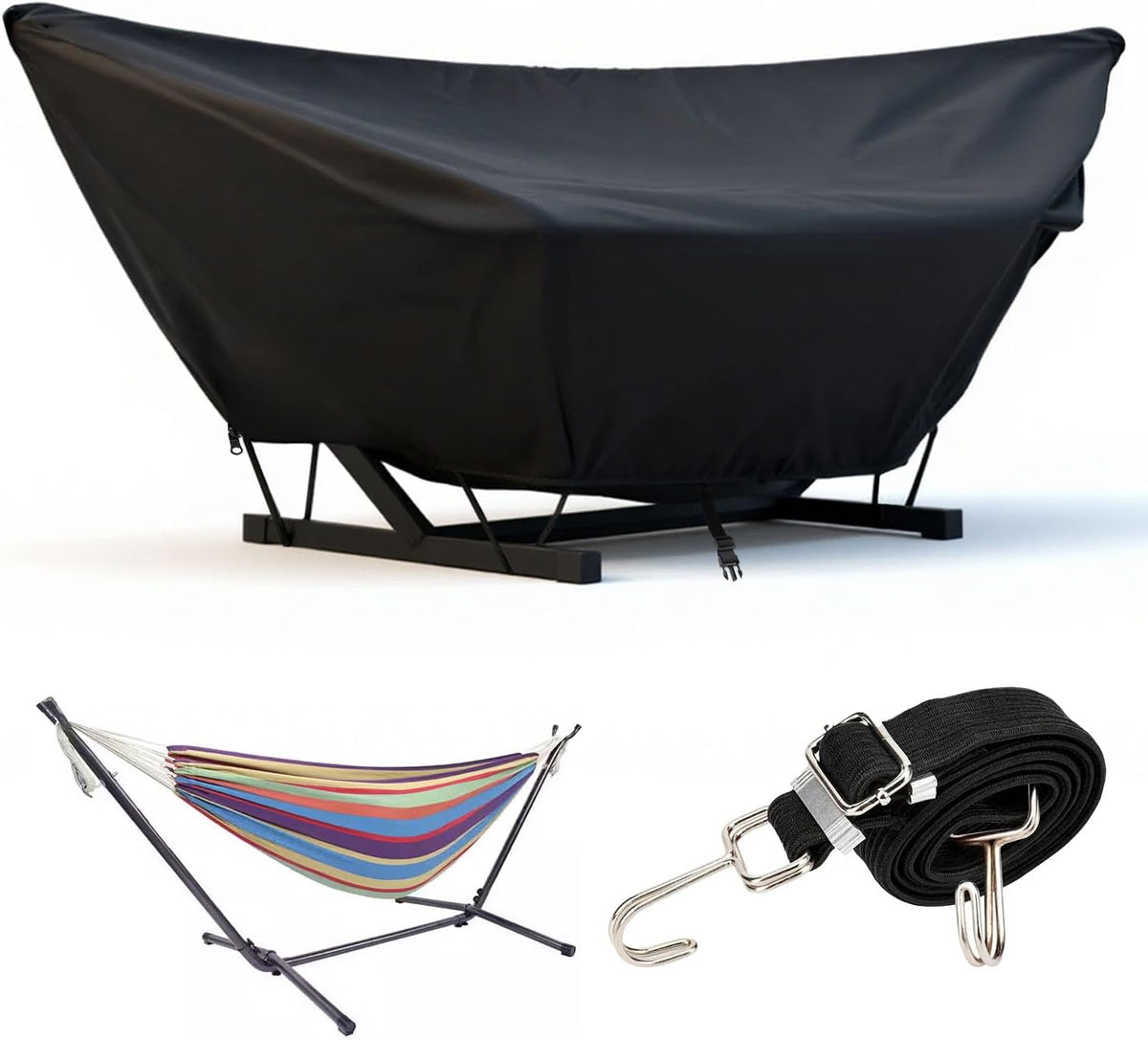 Outdoor Hammock Cover with Zip and Elastic Ropes, Made of 420D High-Strength Fabric, Features Adjustable Buckles, for Outdoor Universal Hammocks, Waterproof, Windproof (13-14Ft,Black)