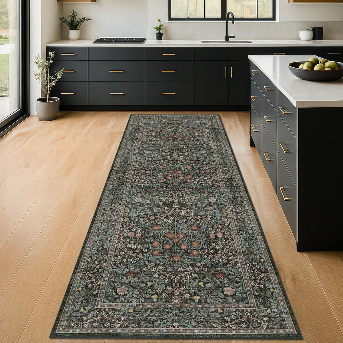 Vintage Floral Dark Green Washable Runner Rug 2X6, Non Slip Kitchen Rug
