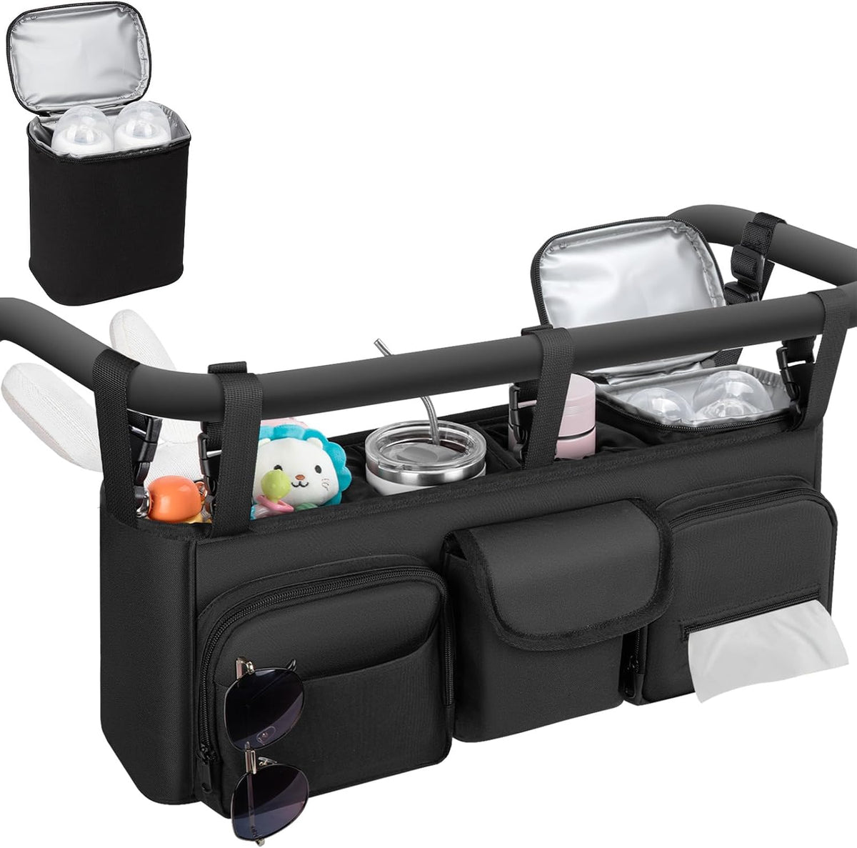 Double Stroller Organizer Compatible with Bob Duallie, with Cooler Bag