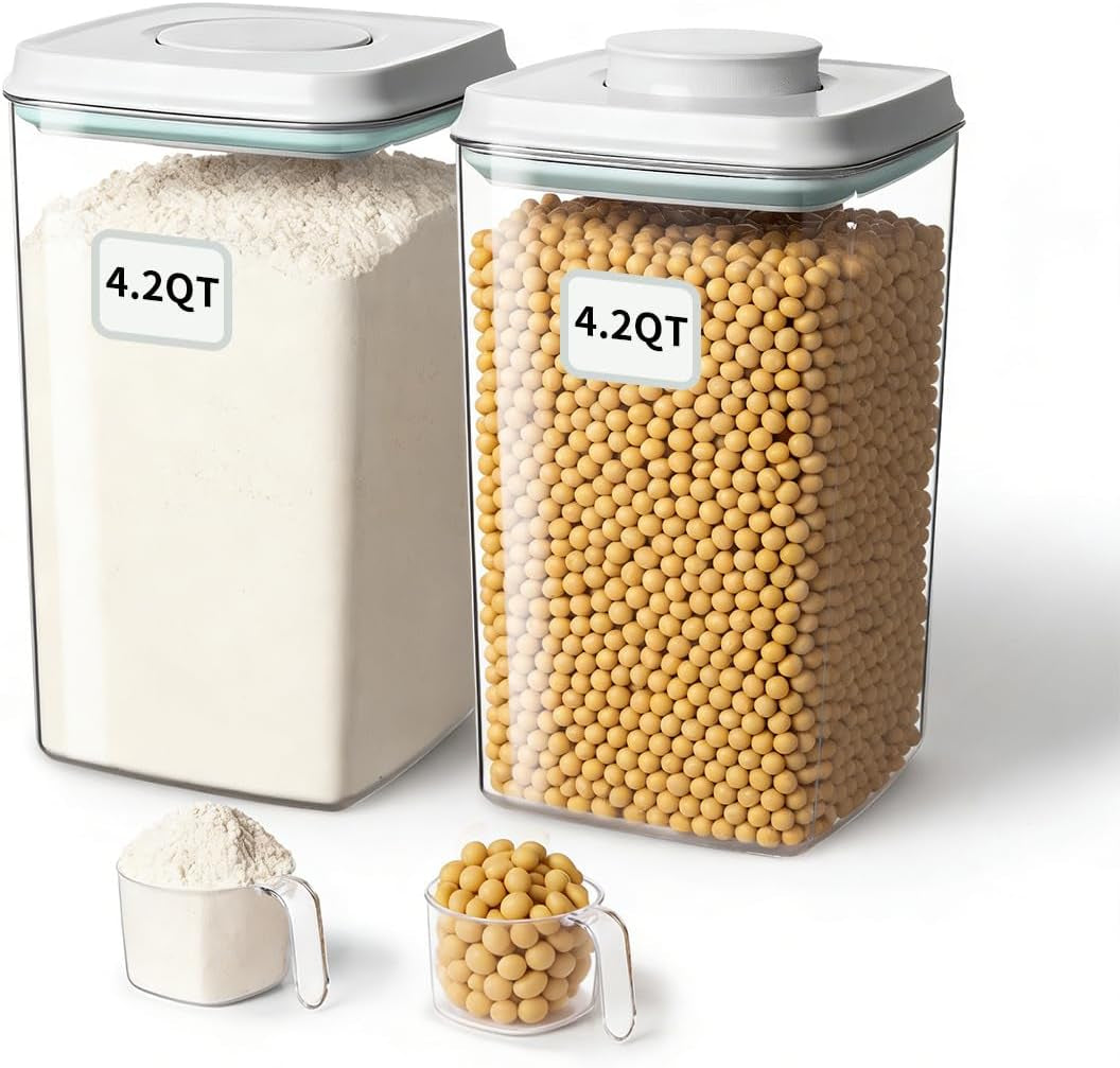Airtight Food Storage Containers Set with One-Touch Lid, 2-Pack (4.22 QT / 4.0 L) Tall Stackable Durable PET for Bulk Rice, Flour & Baking Essentials Organizer.