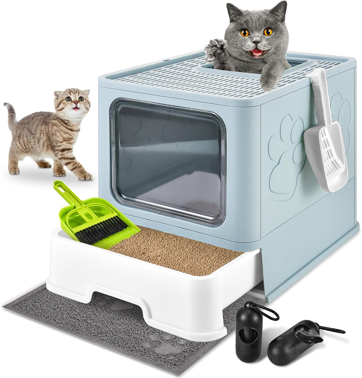 Covered Cat Litter Box, Extra Large Drawer Design with Dual Entry, Blue