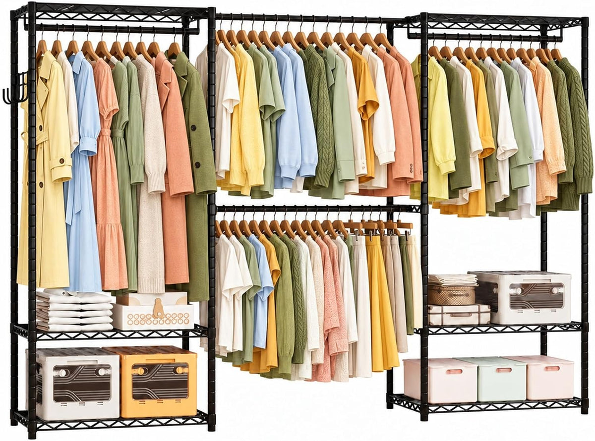 Ecobedding Heavy Duty Garment Rack, 1000LBS Max Load Freestanding Closet Organizer with 6 Storage Shelves & 3 Adjustable Hanging Rods, Multifunctional (Black, 15.75" D X (70~88.5)" W X 75.5" H)
