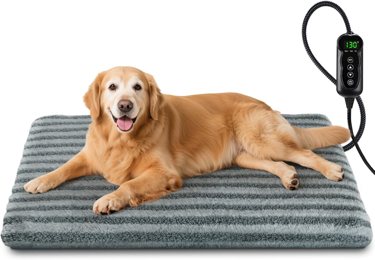 Large Pet Heating Pad, Waterproof Heated Dog Cat Bed with 11 Adjustable Temperatures & 24H Timer, Auto Shut-Off, Chew-Resistant Cord, Washable Cover, Indoor Electric Heating Mat, Grey, L(35" X 24")