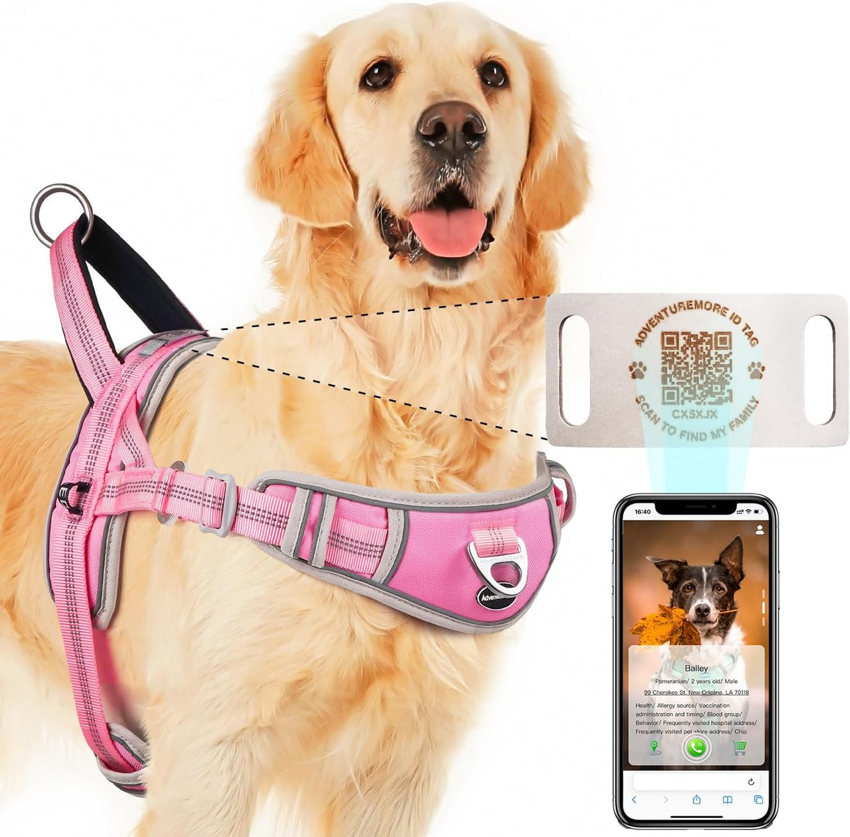 ADVENTUREMORE Dog Harness Medium Dog No Pull with QR Code Dog Tag, Adjustable Reflective Dog Vest Escape Proof Dog Harness Smart ID Tag with Easy Control Front Clip Handle for Walking M Pink
