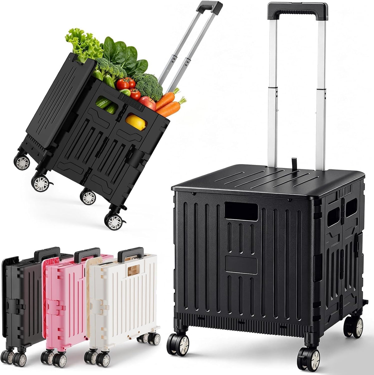 SUNALLY Folding Utility Cart Rolling Crate Handcart Shopping Trolley, Black