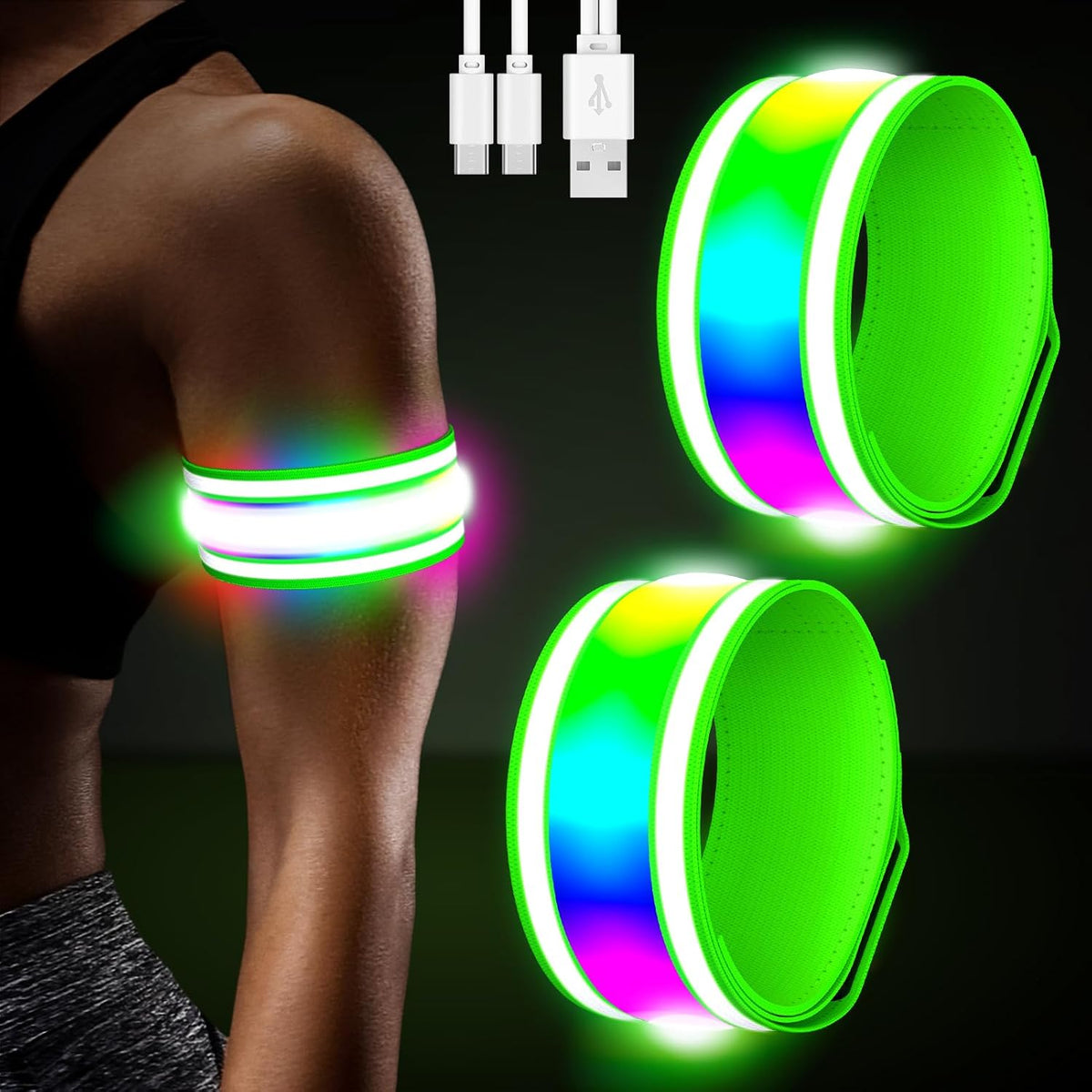 LED Armband Rechargeable for Running(2 Pack),Light up Arm Bands for Night Walking,Running Lights for Runners,High Visibility Reflective Running Gearr for Night Safety Light up Wristbands