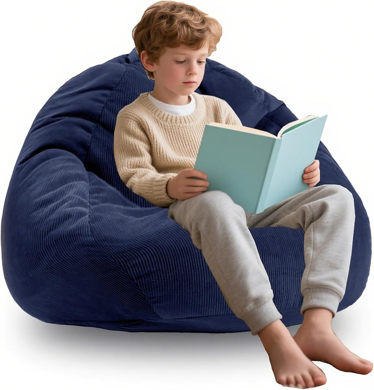 ENBAOHUI 3FT Memory Foam Bean Bag Chairs for Teens or Kids with Filling Bean Bag Sofa with Handle Super Soft Corduroy Fabric Lazy Sofa 3 Foot Navy Blue