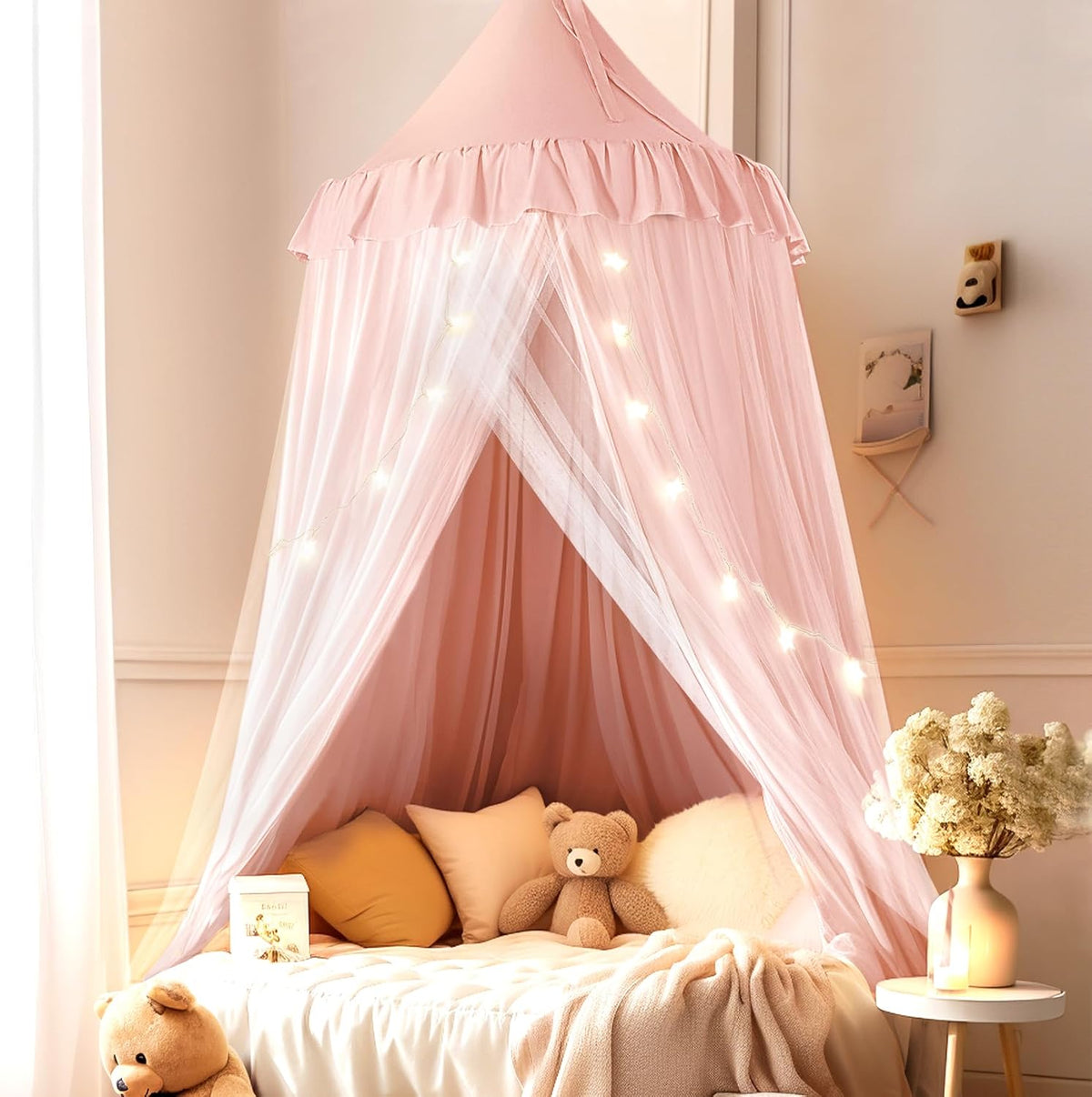 Little Dove Bed Canopy for Girls with Star Lights, 25.6''X106'', Peach Pink