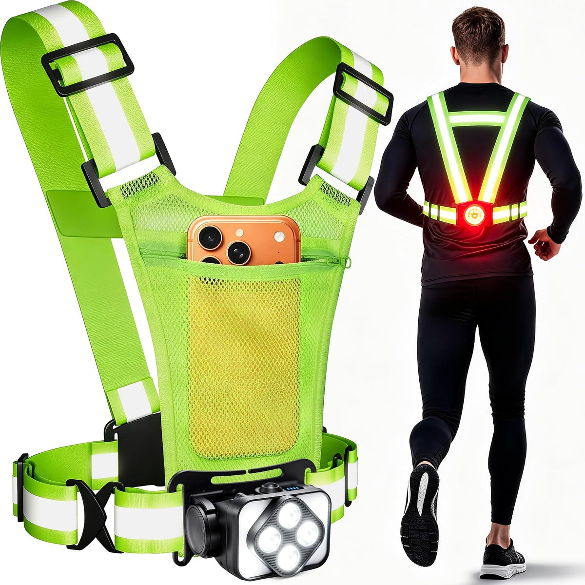 Reflective Vest with Lights and Phone Pocket, LED Running Light for Runners Night Dog Walking Cycling, Adjustable Waist/Shoulder