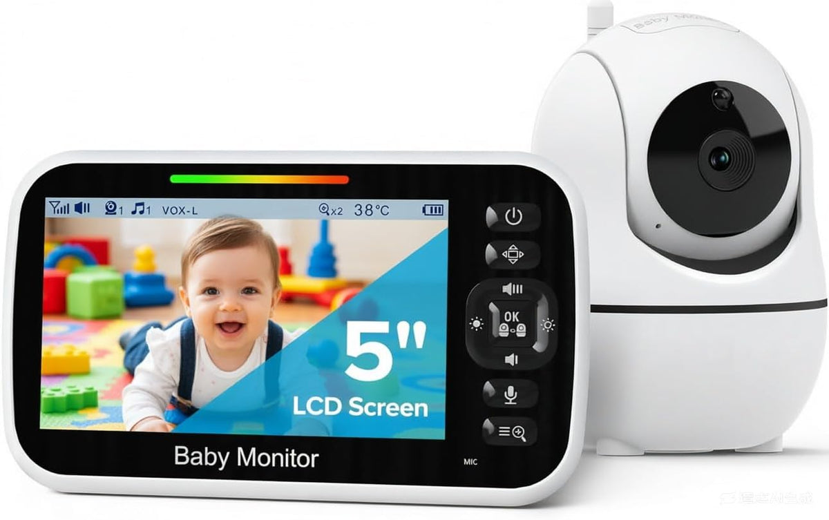Goodbaby 5" Baby Monitor with Camera and Audio, No Wifi Secure FHSS, 30-Hour Battery, Remote PTZ, Auto Night Vision, Room Temperature, Two-Way Audio,Lullabies,1000Ft Range