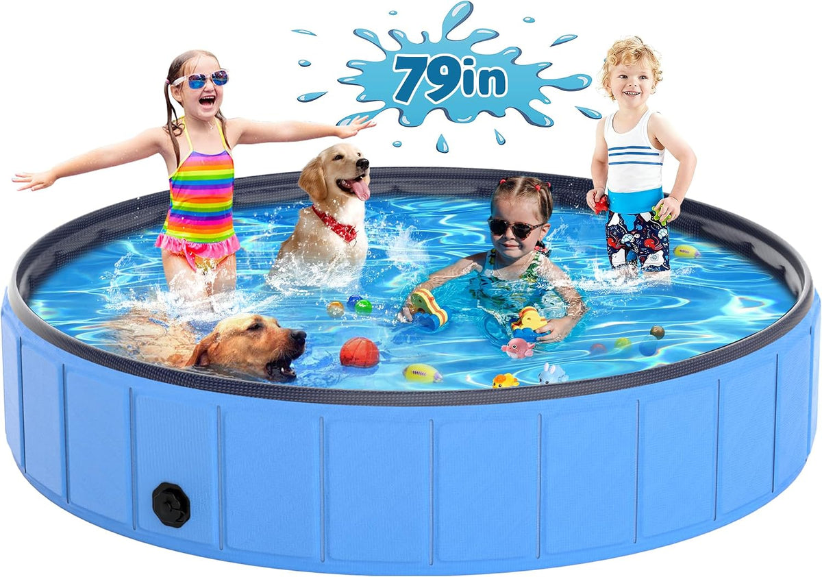 79"X16" Dog Pool for Large Dogs, Heavy Duty Hard-Side Foldable Pet Pool, Non-Slip Collapsible Dog Bathing Tub with Drain, Portable Kiddie & Dog Swimming Pool for Outdoor & Indoor Use