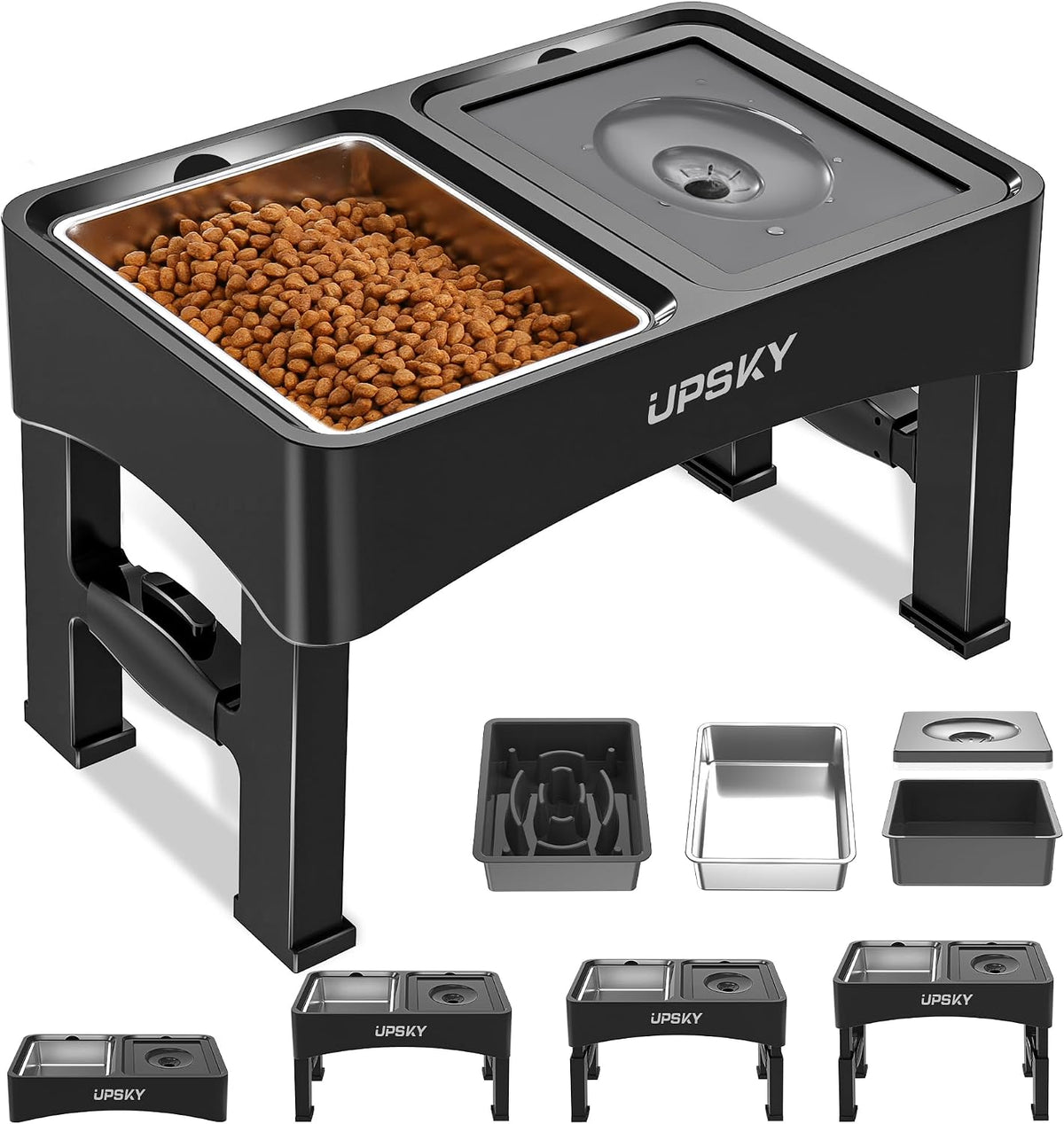 UPSKY 3-In-1 Elevated Dog Bowls Set with 4 Height Adjustable Stand, Balck