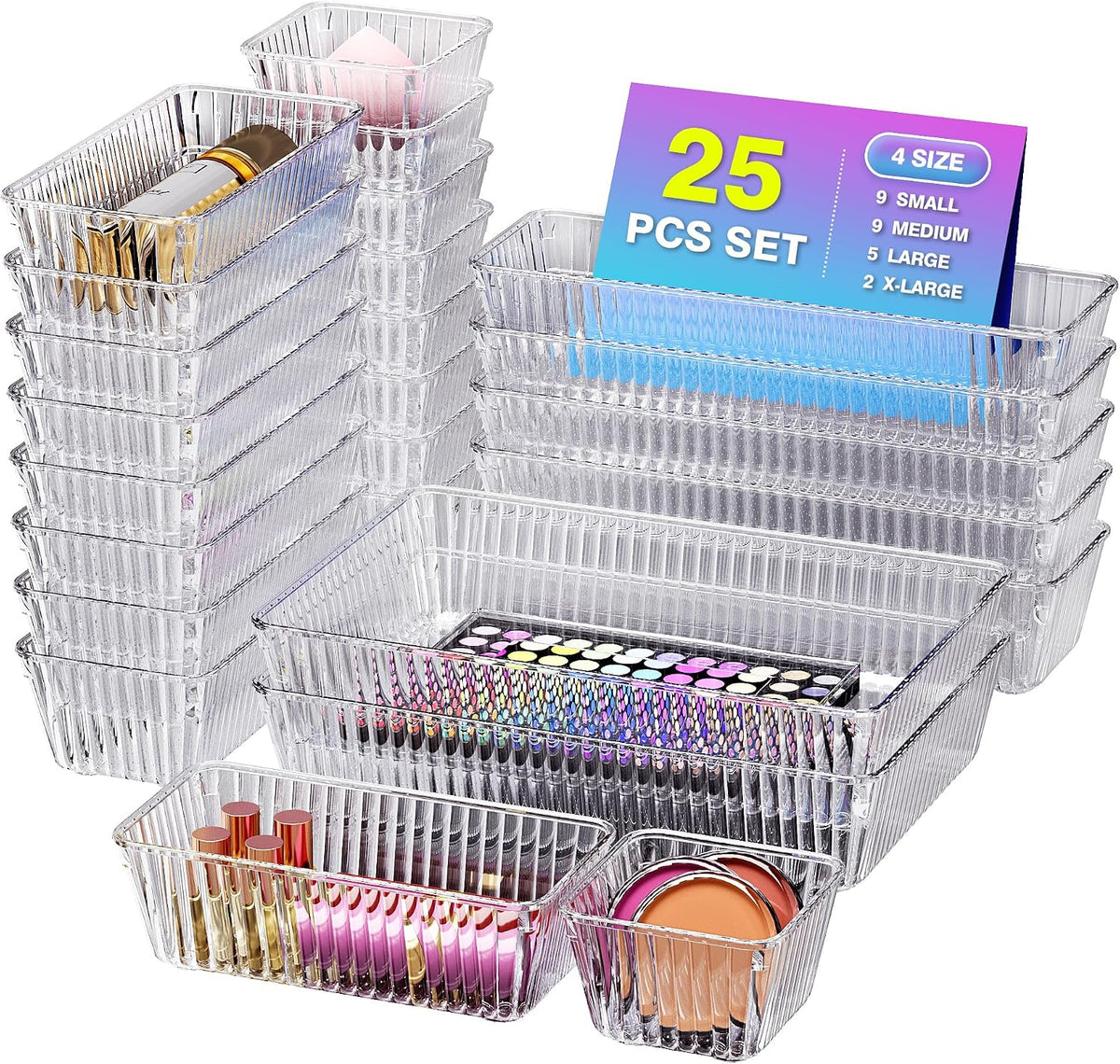 25 PCS Clear Plastic Drawer Organizer Set, Makeup Organizer Trays