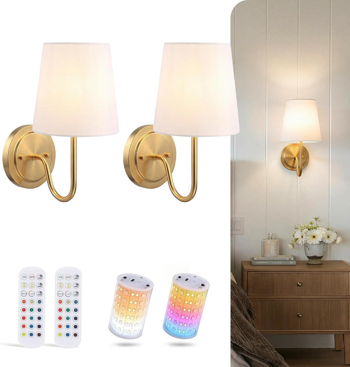 CLOUDY BAY 10000Mah Battery Operated Wall Sconces,Up to 100 Hours with Rechargeable RGB Dimmable Magnetic Bulb,Cordless Wall Lighting Fixtures with Remote for Bedroom,Soft Gold,2 Pack-12Inch