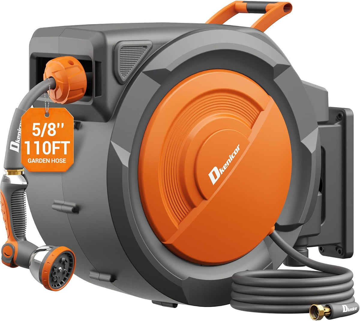Retractable Garden Hose, 5/8" × 110 Ft Wall Mounted Garden Hose Reel with 10-Pattern Hose Nozzle, Heavy Duty Water Hose Any Length Lock,Slow Return System,180°Swivel Bracket