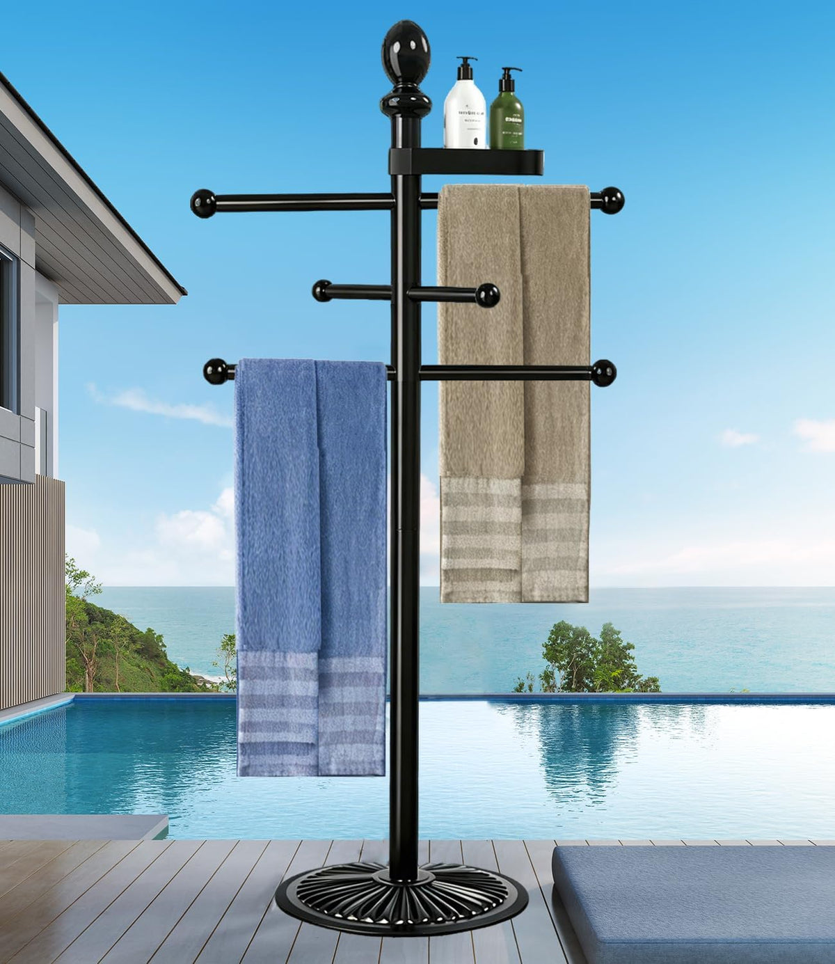 Pool Outdoor Towel Rack, 6 Bars with Top Tray Metal Heavy Duty Pool Accessories with Heavy Metal Base, Hot Tub Accessories Towel Dying Rack Towel Stand for Pool, Hot Tub Etc