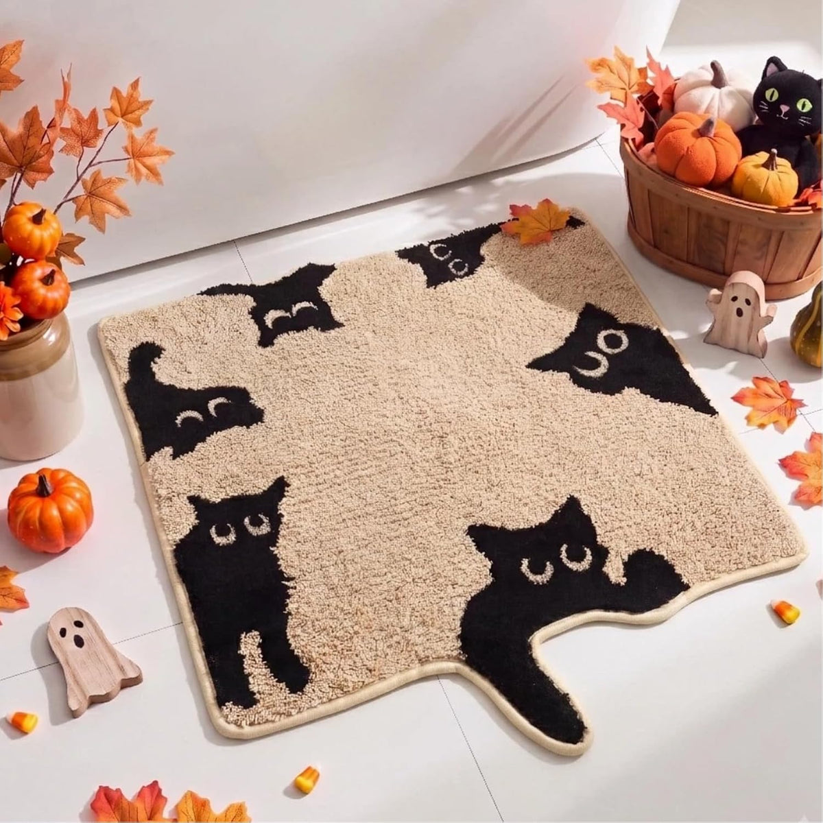 Lyrow Halloween Bath Mat 3D Black Cat Fall Bathroom Rug Decoration 24"X 24"