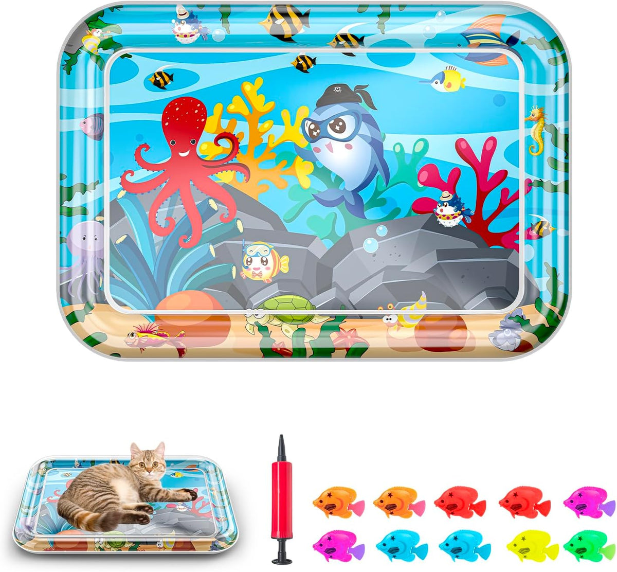 Marine Life Themed Cat Play Mat, Thickened Water Sensor Play Mat for Cats, Water Sensor Play Mat with Fish, Pet Water Sensor Mat, Water Sensor Mat Water Feature (Square Octopus)