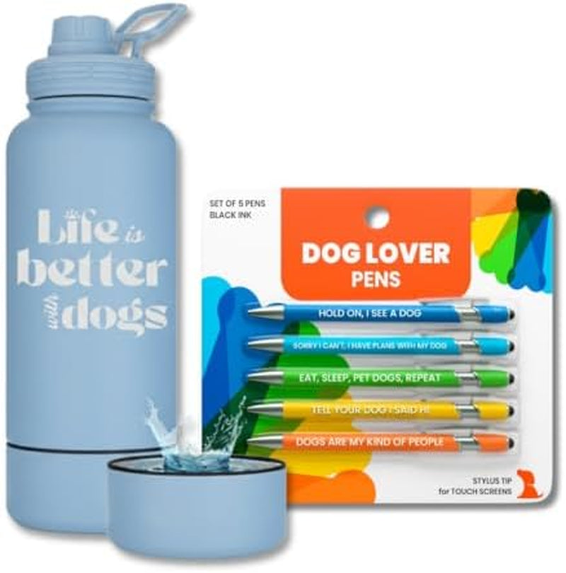 Rubyloo 32 Oz. Insulated Water Bottle with Attached 8 Oz Bowl (Life Is Better with Dogs) & 5–Piece Dog Lover–Themed Pen Set