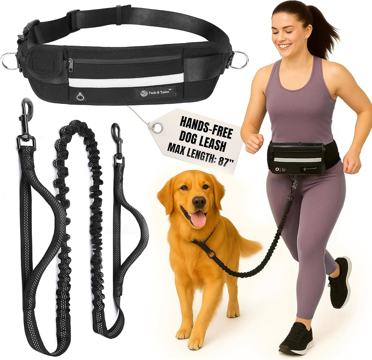 Hands Free Dog Leash with Waist Pouch, Reflective Bungee, Dogs up to 100 Lb
